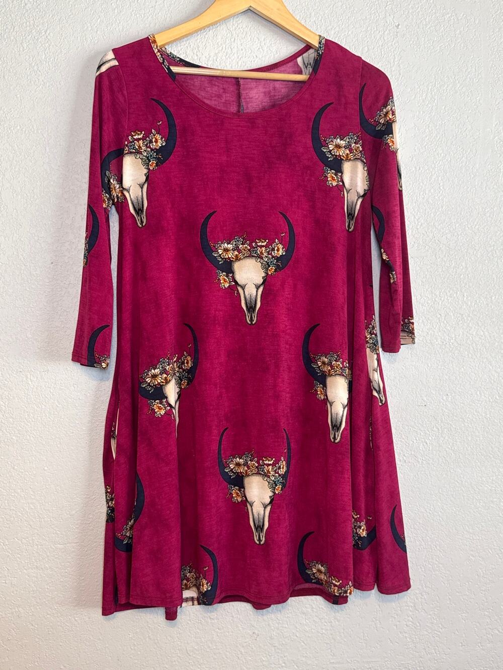 Vintage Cowgirl Longhorn Shift Dress Womens Medium Pink Red Western Relaxed Fit